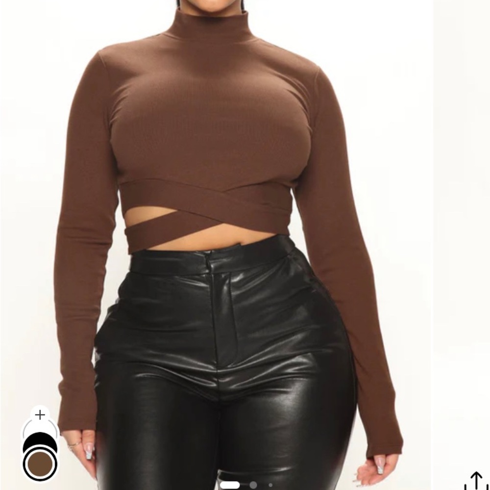 Brown Long Sleeve Turtle Neck Cropped Wrap Top
